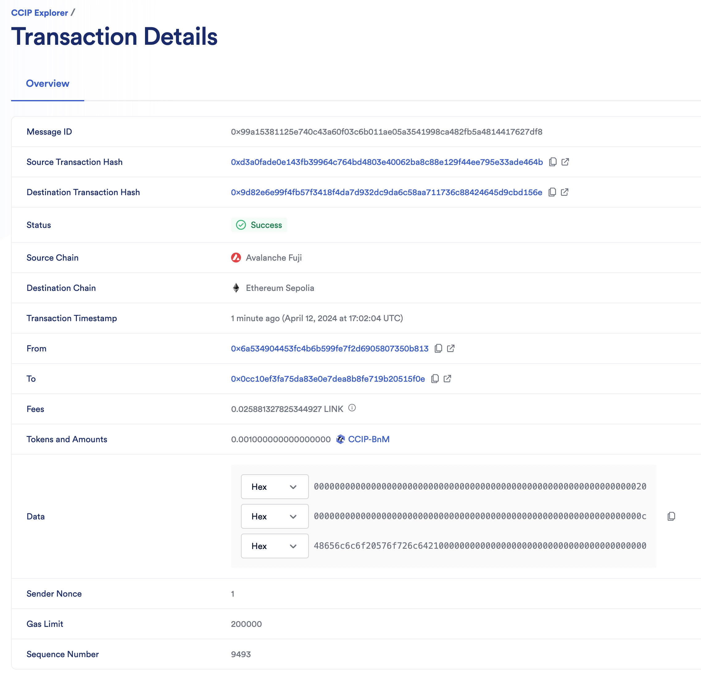 Chainlink CCIP Explorer transaction details success